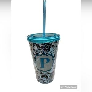 16oz Floral Scroll Monogram Tumbler w/ Straw Black & Teal “P” monogram NWT
